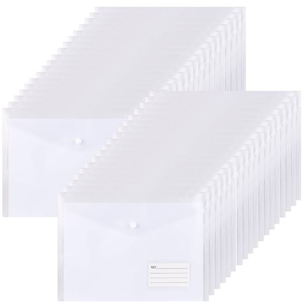 Clear Plastic Wallets A4 Document Folders - 36PCS Plastic Folders A4 Popper Wallets with Label Pocket and Button Snap