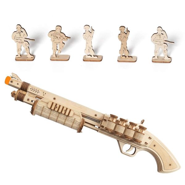 3D Wooden Puzzles Rubber Band Gun Model Craft Kit Unique Gift Mechanical Model Brain Teaser (Revolver Toy)