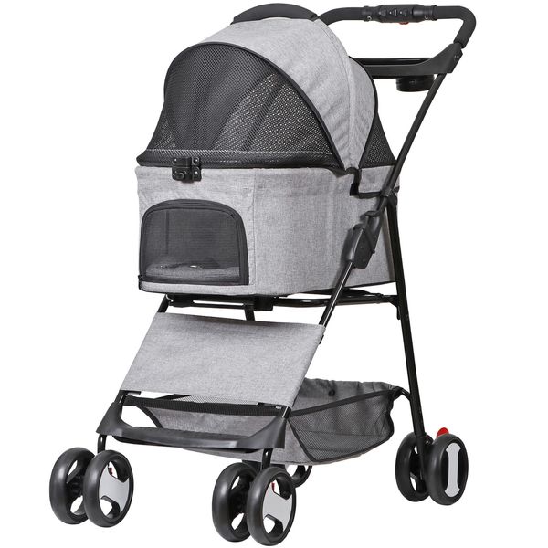 4 Wheels Dog Stroller Foldable Pet Stroller w/ Detachable Carrier & Cup Holder