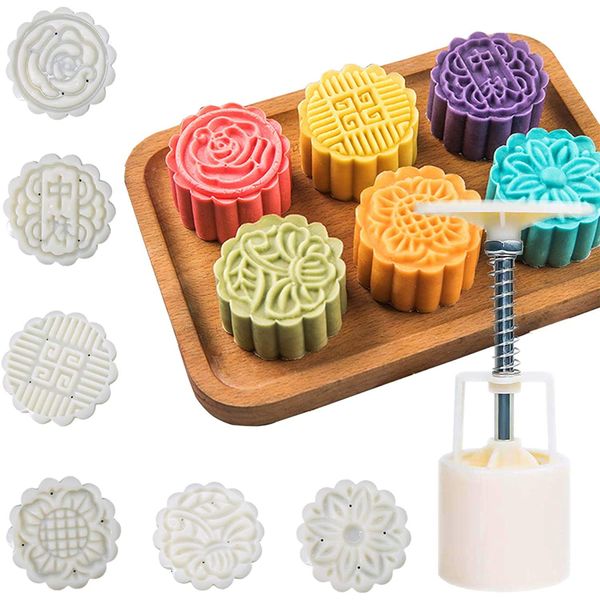 Mooncake Mold Set, Mid Autumn Festival Mooncake Mould Maker DIY Hand Press Cookie Stamps Pastry Tool Moon Cake Mold Maker Molder for Baking Flower Moon Cake (Color 3)