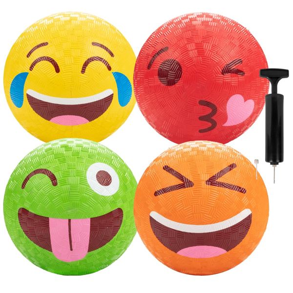 Gaga Ball Xtreme 4 Pack - 5 Inch Silly Faces Playground Balls w Air Pump - Durable Rubber Balls for Kickball, Dodge Ball, Handball, Four Square, Camp, Kids Party Games - Great for Outside Summer Play