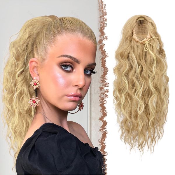 FESHFEN Pferdeschwanz Haarteil mit Kordelzug, Lange Wellen Zopf Verlängerung Haare Extensions Synthetik Wellig Blond Haarverlängerung Clip in Ponytail für Damen, 45 cm