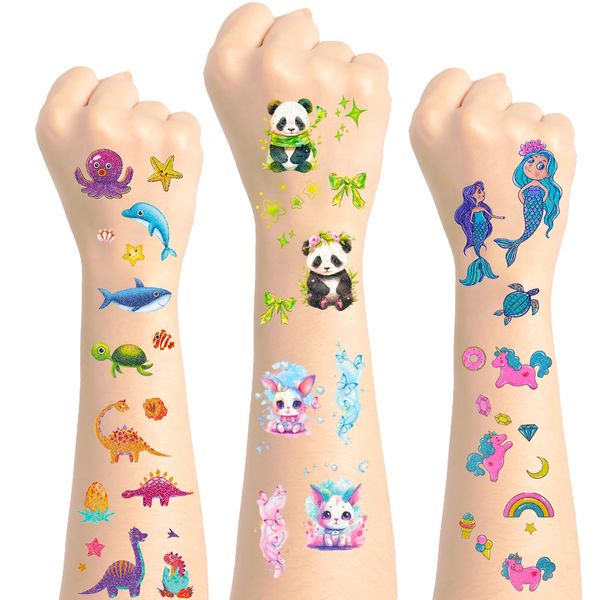 Yobbai Glitter Temporary Tattoos for Kids, Mixed Styles Butterfly, Panda, Sea Creature, Mermaid and Dinosaur Tattoo Stickers, Waterproof Fake Tattoos for Birthday Party Favors Goodie Bags Stuffers