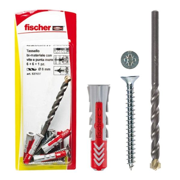 Fischer 537636 Dowel with Screw and 1 Drill Bit DUOPOWER, Grey/Red, 6 x 30 mm, Set of 8 Pieces