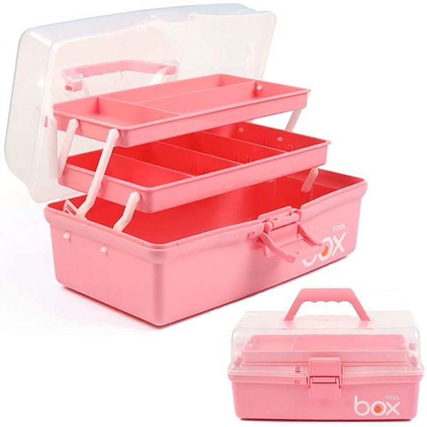 Creahaus 30,5cm 3-Regal Mehrzweck-Aufbewahrungsbox, Sortierbox, Organizer Box, Bastelbox, Nähkasten, Medizinkoffer, Toolbox, Angelkoffer mit 2 Regalen (Rosa)