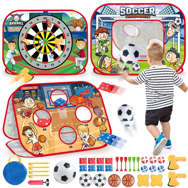 Hapystar Bean Bag Toss Game Kids Outdoor Toys，3 Side Foldable Cornhole Board with Kids Soccer Goal Toy/Basketball Bean Bag Game/Dart Board Game Backyard Beach Yard Outdoor Toys for Toddler 3-8