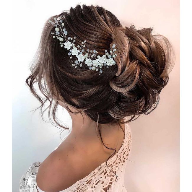 Unicra Flower Bride Wedding Hair Vine Silver Pearl Headpiece Bridal Headband Rhinestone Hair Accessories for Women and Bridesmaid