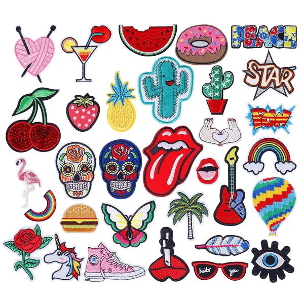 Iron on Patches 32 Pcs Stickers Cute DIY Clothes Patches Embroidery Applique for Sewing or Iron-on for T-Shirt Jean Clothes Bag Jacket, Backpack and Shoe