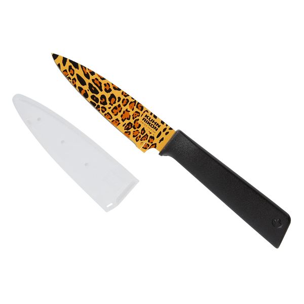 KUHN RIKON Colori+ Non-Stick Straight Paring Knife with Safety Sheath, 19 cm, Leopard, 28604