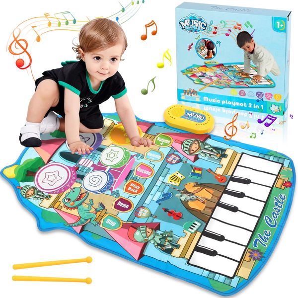 2 in 1 Piano Drum Babies Play Mat, Piano Keyboard & Drum Animal Touch Unicorn Knight Dinosaur Toys, Early Educational Musical Learning Toddler Toys Age 1-2-3 Boys Girls Birthday Gifts (Boy)