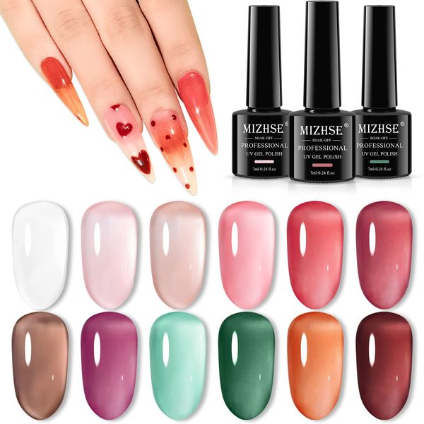 MIZHSE Jelly Gel Nail Polish Set 12 Color, Clear Translucent Spring Gel Polish 7ml, Sheer Manicure Kit UV LED Soak Off Varnish for Home Salon Mother's Day Gift