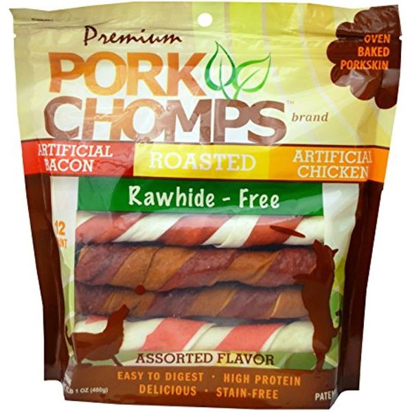 Premium Pork Chomps Twistz Assorted Bacon, Roasted & Chicken, Large 12Ct