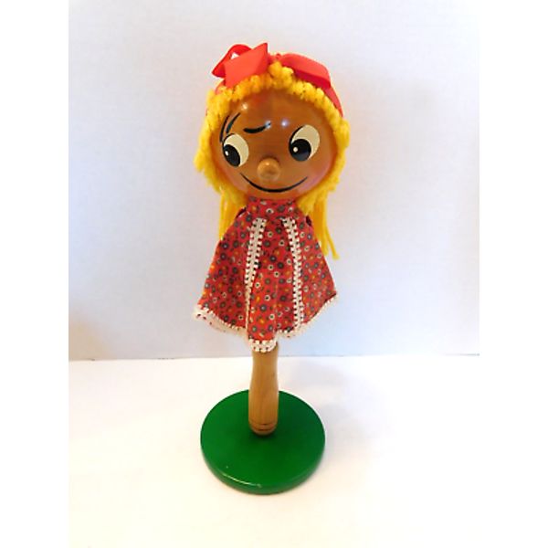 RARE STEINBACH GERMANY VTG WOOD ROUND HEAD GIRL RATTLE MUSICAL TOY PUPPET &STAND