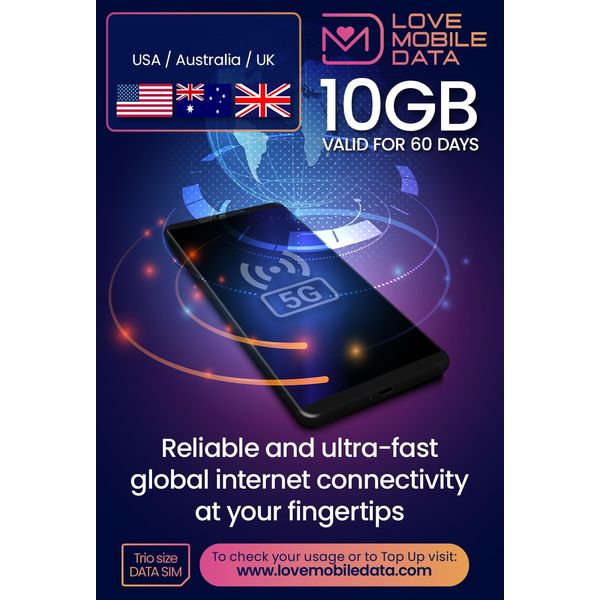 International Multi-Network 4G/5G Data SIM (perfect for Wifi Routers, Tablets & Phones) - USA, Australia & UK - 10GB - 60 DAYS - LOVE MOBILE DATA