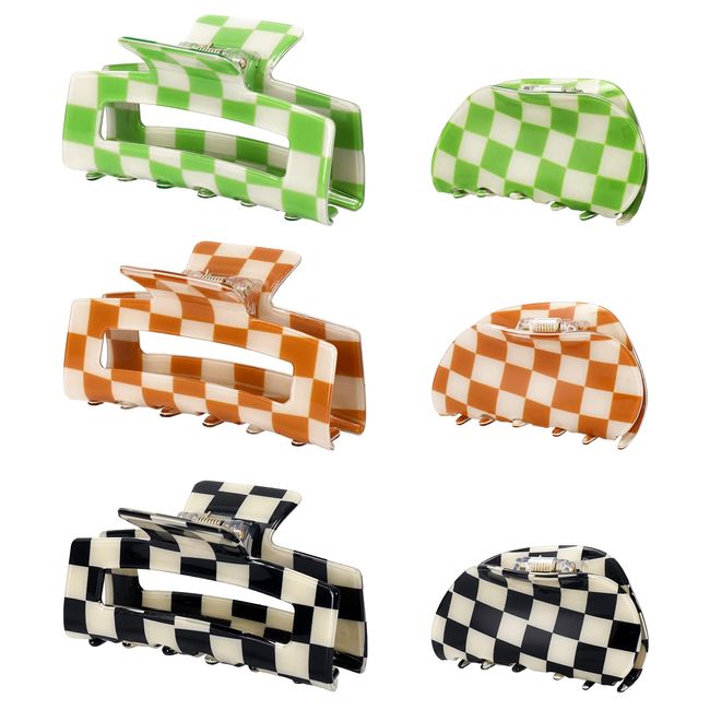 Whaline 6 Pack Checkered Hair Claw Clips Rectangle Semicircle Hair Claw Colorful Plaid Non-Slip Strong Hold Catch Hair Clips Jumbo Hair Styling Accessories for Women Girls Thin Thick Hair