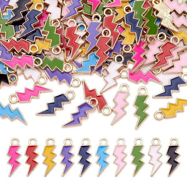 PandaHall 100pcs Alloy Enamel Flash Lightning Bolt Charms Pendant Gold Plated 10 Colors for DIY Jewelry Bracelet Making Hole: 2mm