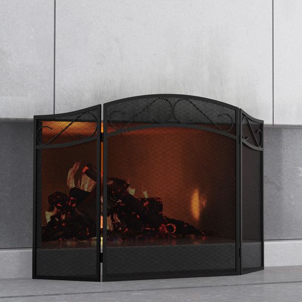 Fire Beauty Fireplace Screen for Wood Burning Fireplace Foldable 3 Panel Wrou...