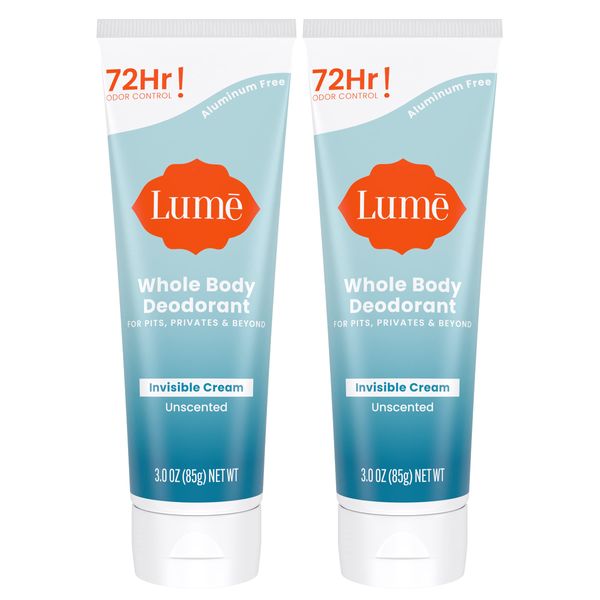 Lume Whole Body Deodorant - Invisible Cream Tube - 72 Hour Odor Control - Aluminum Free, Baking Soda Free, Skin Safe - 3.0 ounce Two-Pack (Unscented)