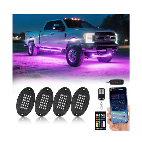4 Pods Metal Rock Lights, Waterproof Aluminum Neon Underglow Kit with APP RF Remote Control, Underglow pods Lights for ATV UTV SXS RZR Car Golf cart Trucks Trailer Off Road SUV