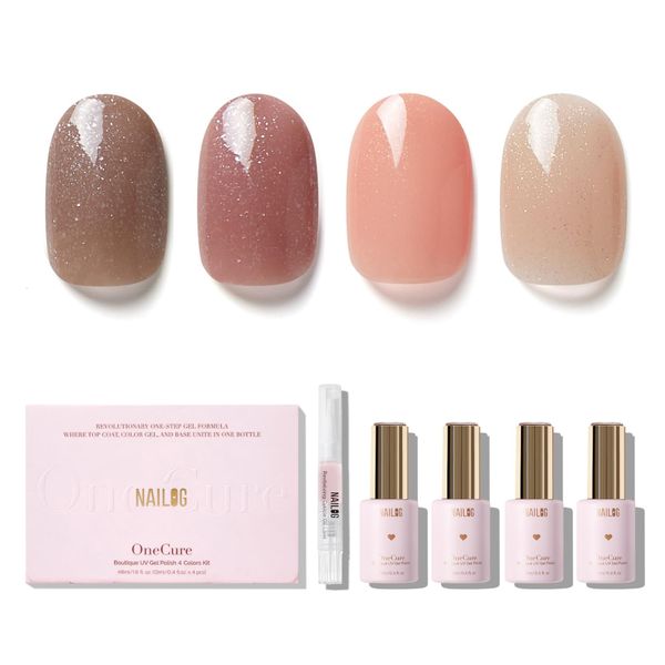 NAILOG Gel Nail Polish Set - 4 Colors Top Coat Color Gel Base 3-In-1 Soak Off UV Gel Polish Kit for Home DIY & Birthday Gifts for Women,Luster Suede