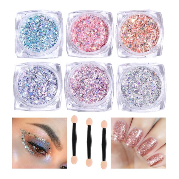 6 Boxes Nail Glitter Powder, Nail Art Glitters with Sponge Brush, Holographic Nail Glitter Flakes Aluminum Foil Glitters for Body Nail Decoration