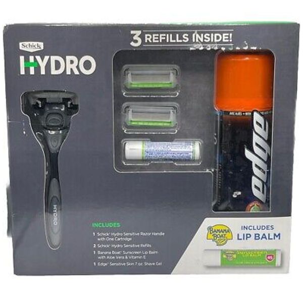 Schick HYDRO Razor Gift Set 3 REFILLS EDGE 7oz Shaving Gel Banana Boat Lip Balm
