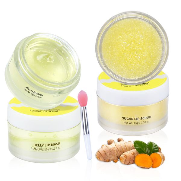 ANAIRUI Lip Therapy Set - Lip Care Kit - Includes Sugar Lip Scrub & Jelly Lip Sleep Mask, Lips Balm & Moisturizer, Dark Lip Care, Moisturizing for Fuller, Softer Lips (Turmeric & Honey)