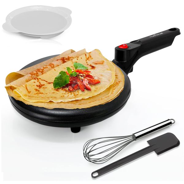 Nutrichef Electric Crepe Maker | 8-inch Nonstick Cooktop with On/Off Switch | Cooks Roti, Tortillas & Pancakes | Automatic Temperature Control & Cool Touch Handle | Includes Food Bowl, Whisk & Spatula