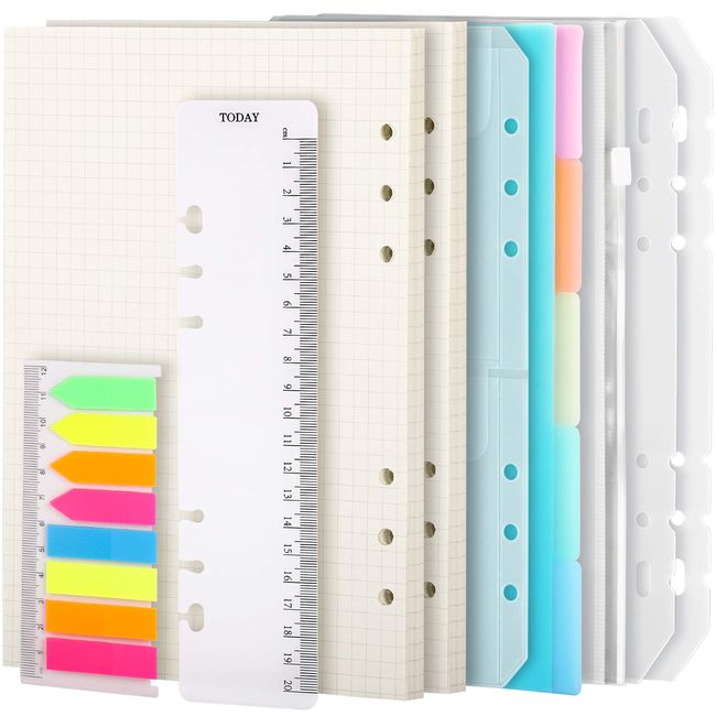 Leobro Personal Organizer Refill, A5 Size, Color Indexes, Zipper/Business Card Pocket, Lifter, Sticky Notes, Bookmark A5, 5mm Square, 6 Holes, 2 Notebooks, Loose Leaf