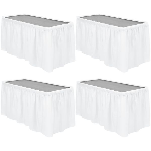 TURSTIN 4 Pieces White Plastic Table Skirts 14 x 29 Feet for Rectangle Tables Fitted Tablecloth Disposable Table Cover for Birthday Party, Events, Banquette Baby Shower