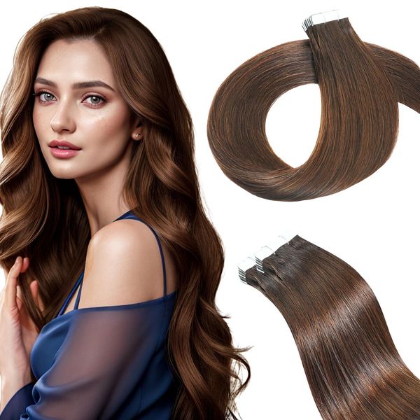 Qingliang Tape Extensions Echthaar,Invisible Tape in Extensions Echthaar Seidig Gerade Remy Tape Haarverlängerungen Echte Menschliches Haar 35cm 20 Stück 40g/Packung #2 Dunkelstes Braun