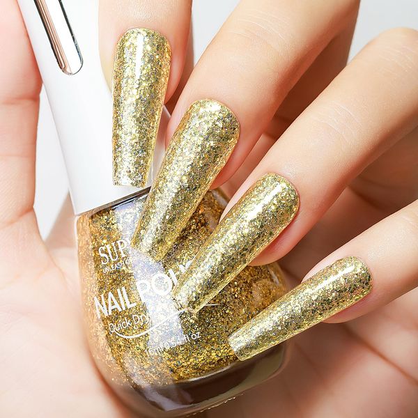 SUPWEE Gold Nail Polish Quick Dry Christmas Nail Polish Shimmer Holographic Nail Lacquer Shimmer Iridescent Fingernail Polish for Beginner Finger Toe Manicure DIY 16ml/0.54fl oz