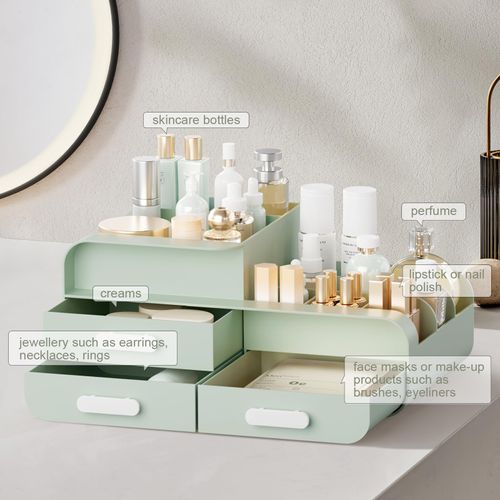 BTGGG Makeup Organiser Cosmetics Skincare Storage with Drawers Beauty Organiser for Vanity Jewelry Organizer Multifuctional Make Up Storage Box for Dressing Table Bedroom Bathroom, Green