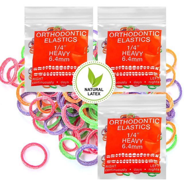 Natural Latex Neon 3 Packs 300 counts 1/4inch Heavy Intraoral Elastic Bands Orthodontic Elastics Dental Rubber Bands Made in US [Heavy 6.5 Oz, 1/4'' (6.4mm)]