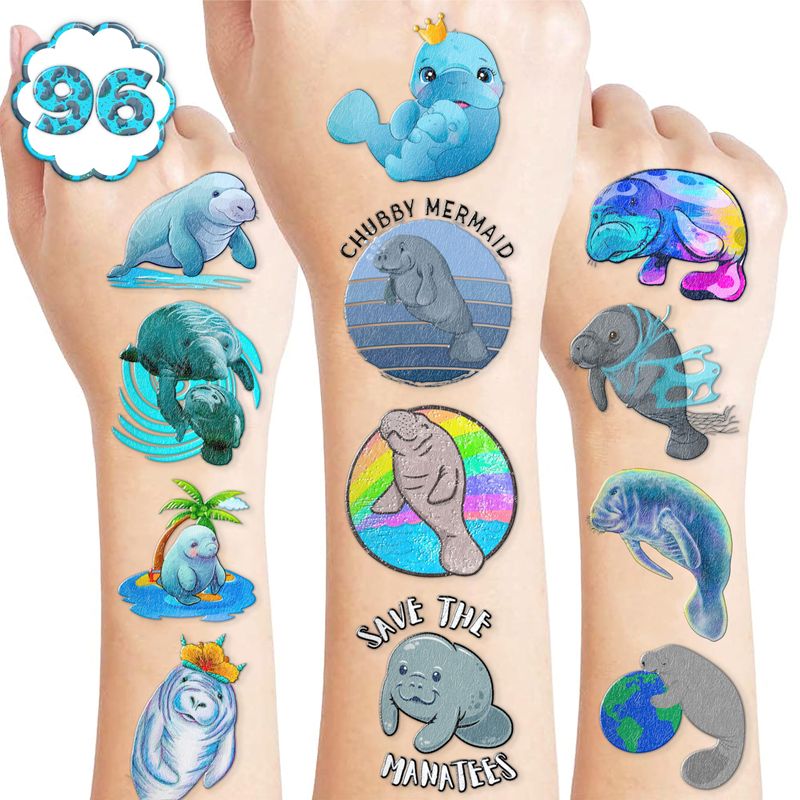 100PCS Cute Manatee Animal Temporary Tattoos Stickers Theme Birthday ...
