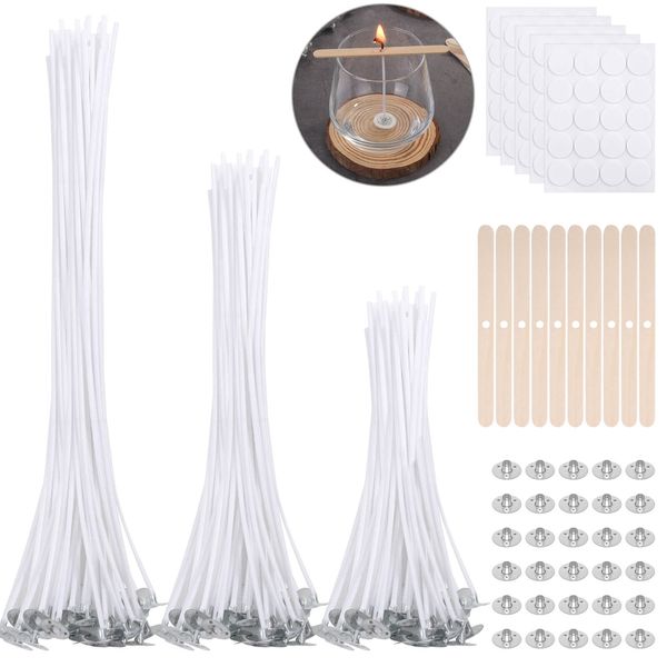 VEVOQIM 240pcs Candle Wicks Set,100pcs Candle Wicks for Making Candle (10/15/20cm) with 100pcs Glue Dots,10pcs Candle Wick Holders & 30pcs Wick Tabs,Long Lasting & No Black Smoke for DIY Candles