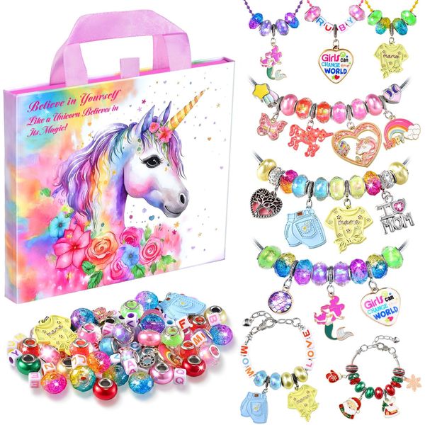 Girls Charm Bracelet Making Kit - Unicorn Jewelry Supplies Make Set DIY Art Craft Set Charm Bracelets Kits Creative Birthday Gifts for Kids Age 6 7 8 9 10 11 12 Year Old Girl Little Children Girl Toys