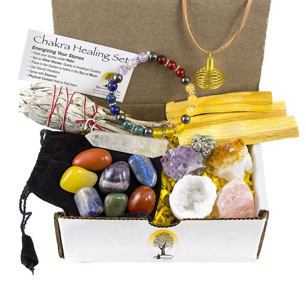 White Sage, Palo Santo Wood & Crystal Healing Kit (17Pc) ~ Smudge Stick, Palo Santo Sticks, Raw Crystals, Quartz Obelisk, 7 Chakra Stones, +Bracelet & Spiral Pendant Necklace w COA & Info Card