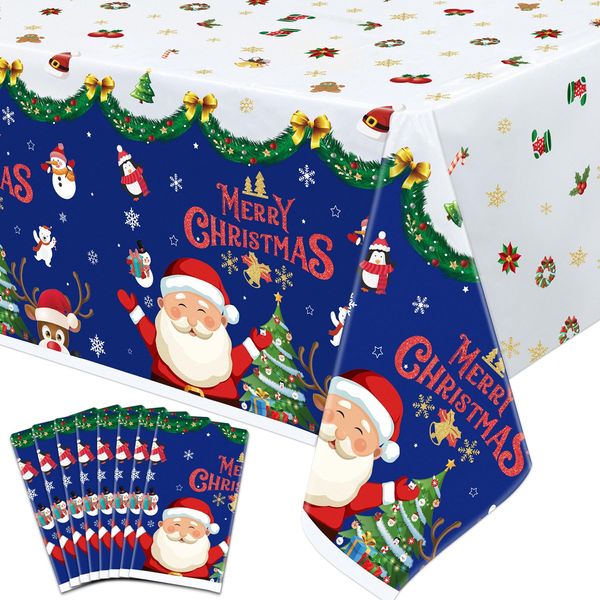 XJLANTTE 8 PCS Christmas Tablecloth Party Decorations - Merry Christmas Santa Disposable Plastic Table Cover, Snowman Rectangular Tablecloth for Xmas Holiday Winter Party Supplies, 51 x 86.6 Inch