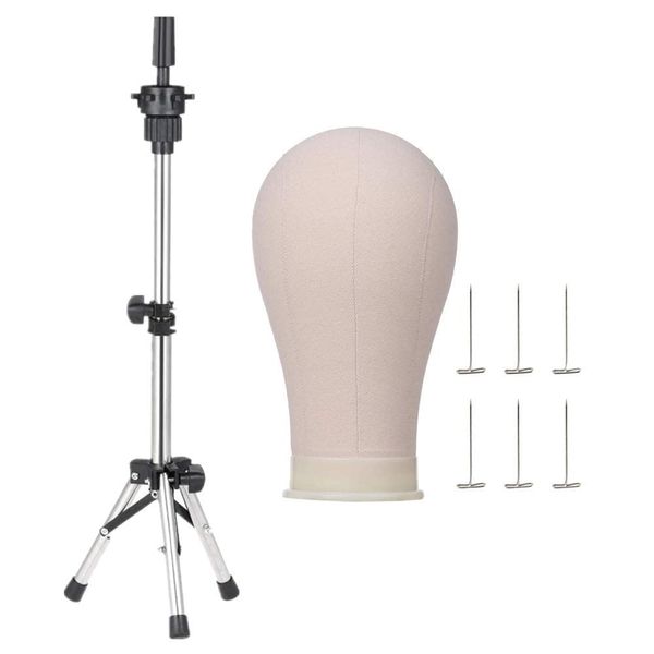 Wig stand Tripod & Cork Canvas Block Head,Anself Adjustable Hairdresser Table Training Head Stand,Mannequin Head Wig Display Styling Head Manikin Canvas Head with 6 Tpins for Home or Salon Use (22")