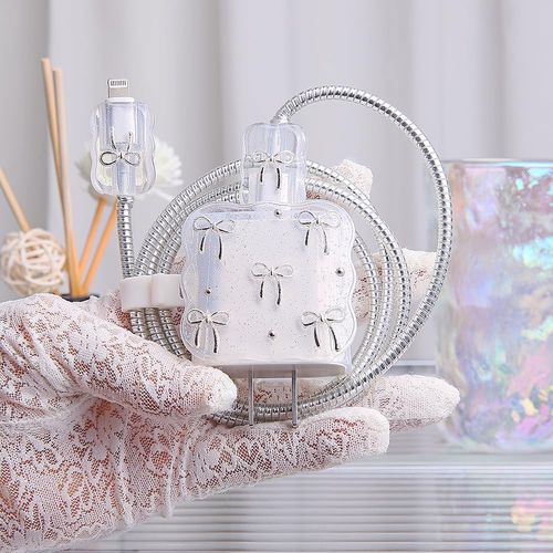 SDTAHEAD Charger Protector Compatible with iPhone 18W/20W Charger Adapter Cute 3D Wave Pattern Design USB Data Line Protector Lightning Cable Cover Wire Cord Saver for Girls Women, Silver Bow tie
