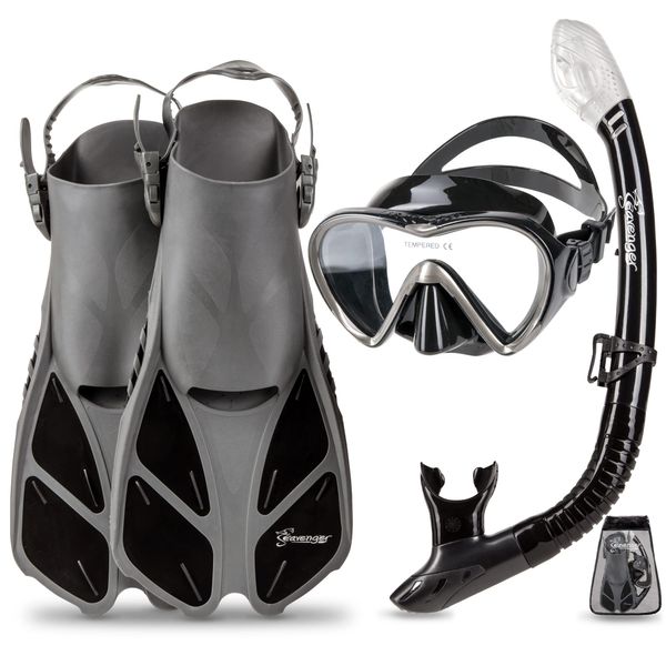 Seavenger Diving Dry Top Snorkel Set with Trek Fin, Single Lens Mask and Gear Bag, XS/XXS - Size 1 to 4 or Children 10-13, Gray/Black Silicon