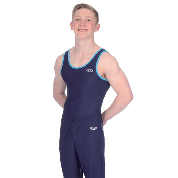 The Zone Z887ACE Round neck boys/mens sleeveless gymnastics leotard. Matt Nylon/Lycra Navy/Kingfisher Size 26"