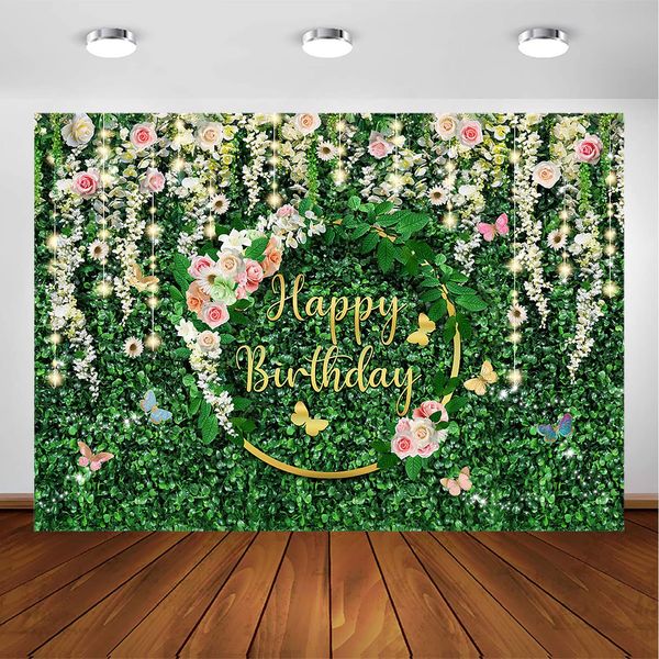 Avezano Greenery Birthday Backdrop Jungle Safari Grassland Birthday Party Decorations Green Leaves Floral Wall Women Girls Photoshoot Background Banner Supplies (7x5ft)