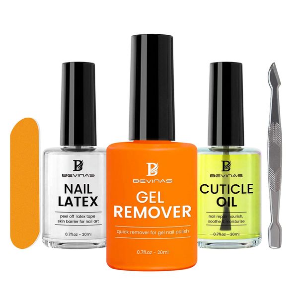 BEVINAS Gel Polish Remover for Nails Gel Remover Kit Gel Nail Polish Remover Set Nail Latex Tape Cuticle Oil 0.7fl.oz Pack of 3