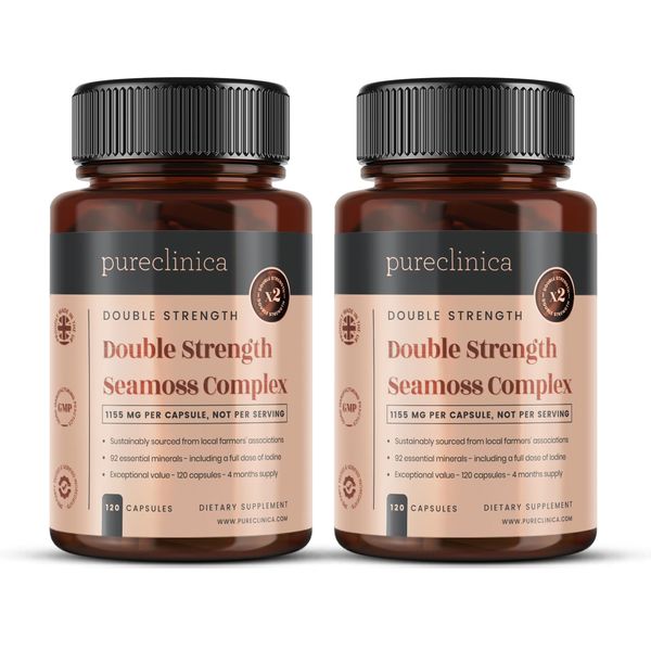 Pureclinica Double Strength Seamoss Complex - 1155mg x 240 Capsules (2 Bottles of 120) - 8 Months Supply – with 500mg Seamoss, 500mg Bladderwrack & 150mg Burdock Root