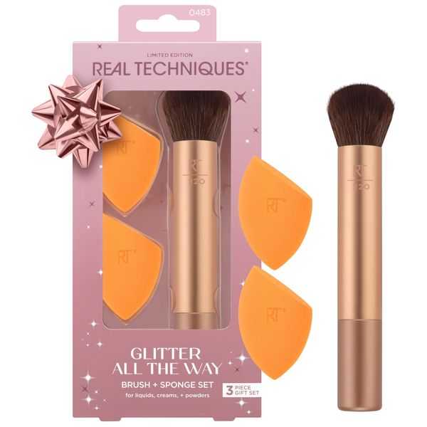 REAL TECHNIQUES Glitter All The Way Brush + Sponge Kit, 3 Piece Gift Set