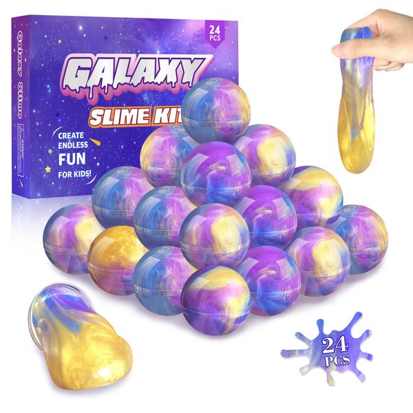 24 Pack Galaxy Slime Party Favors for Kids Glitter Slime Balls Stretchy & Non-Sticky DIY Stress Relief Putty Toy Christmas Holiday Birthday Goodie Bag Stuffer Classroom Reward for Boys Girls