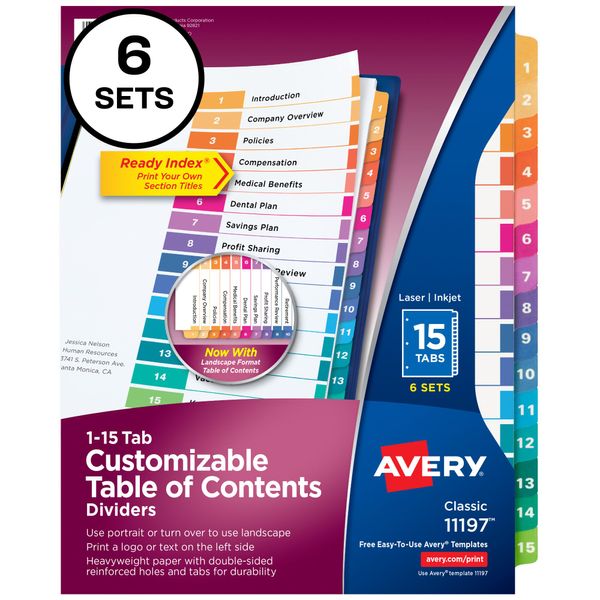 Avery 15 Tab Dividers for 3 Ring Binders, Customizable Table of Contents, Multicolor Tabs, 6 Sets (11197)