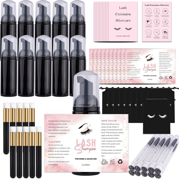 60PCS Lash Shampoo Bottles and Brushes Set, 10pcs Foam Pump Dispenser, 10pcs Nose Pore Deep Cleaning Brush, 10pcs Eyelash Extension Tube Brush, 10pcs Extension Aftercare Instructions Cards, 10pcs Lash